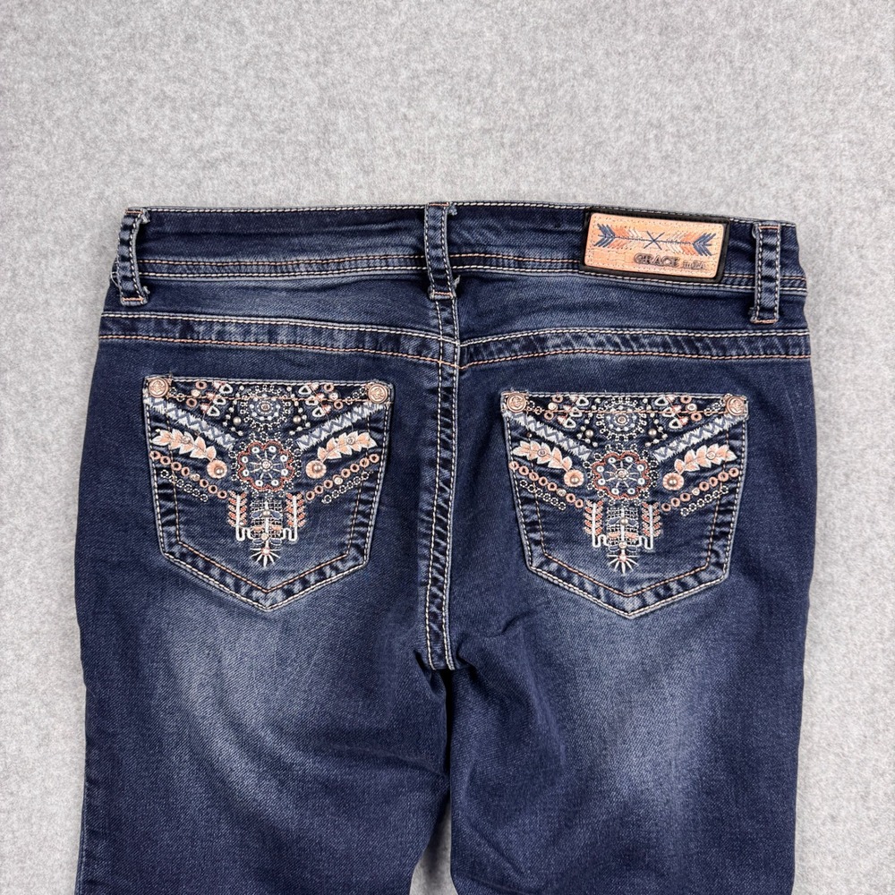 Grace in LA Jeans Womens 28 / 6 Dark Wash Thick Stitch Embellished Slim Straight - Picture 4 of 12